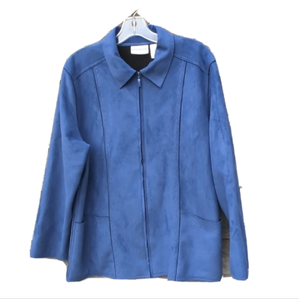Alfred Dunner Elegant Jacket Zipper Front Blue Pockets Feels Like Suede 💙